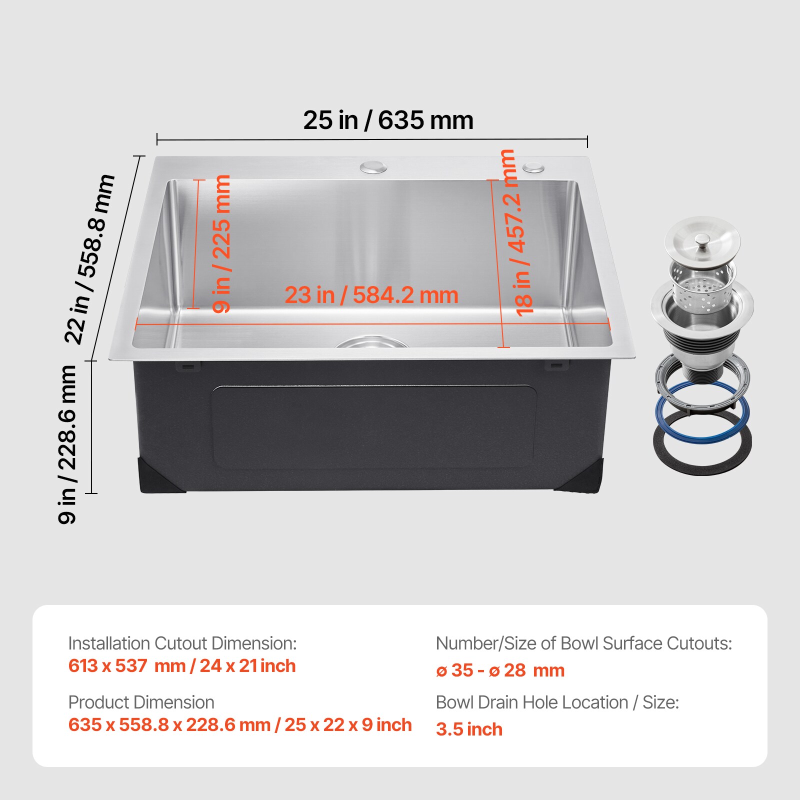 25" Kitchen Sink Top Mount Single Bowl Drop-In Basin Stainless Steel Bar_voghion.com